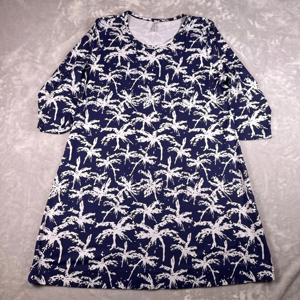 Lulu-B Womens XL Navy Blue White Palm Tree Print 3/4 Sleeve Stretch Shift Dress
